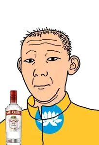 kuzjak, 1864, alcohol, bottle, closed mouth, clothes, drink, ear, flag, hair
