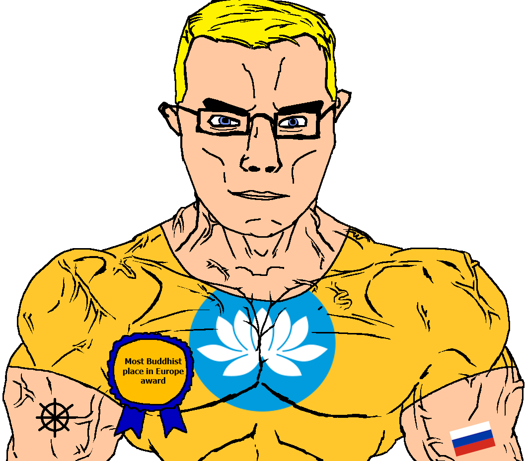 chudjak, chudjak front, muscular chud, arm, award, blonde hair, blue eyes, buddhism, buff, closed mouth