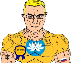chudjak, chudjak front, muscular chud, arm, award, blonde hair, blue eyes, buddhism, buff, closed mouth