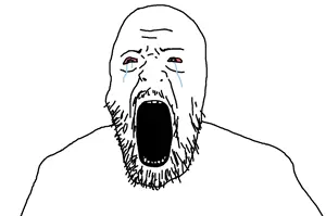 bald, bloodshot eyes, crying, forehead lines, mouth, neckbeard, no glasses, open mouth, red eyes, stubble