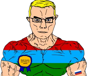 chudjak, chudjak front, muscular chud, arm, award, blonde hair, blue eyes, buff, christianity, closed mouth
