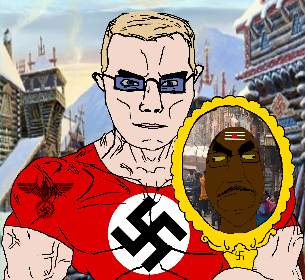 chudjak, chudjak front, dean, muscular chud, angry, bindi, blonde hair, bloodshot eyes, blue eyes, bushy eyebrows