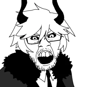 feraljak, black sclera, clothes, funamusea, hair, horns, kcalb, looking at you, open mouth, suit