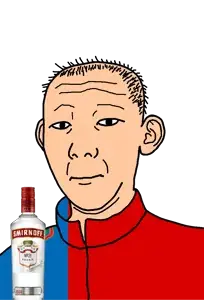 kuzjak, 1864, alcohol, bottle, closed mouth, clothes, drink, ear, flag, hair