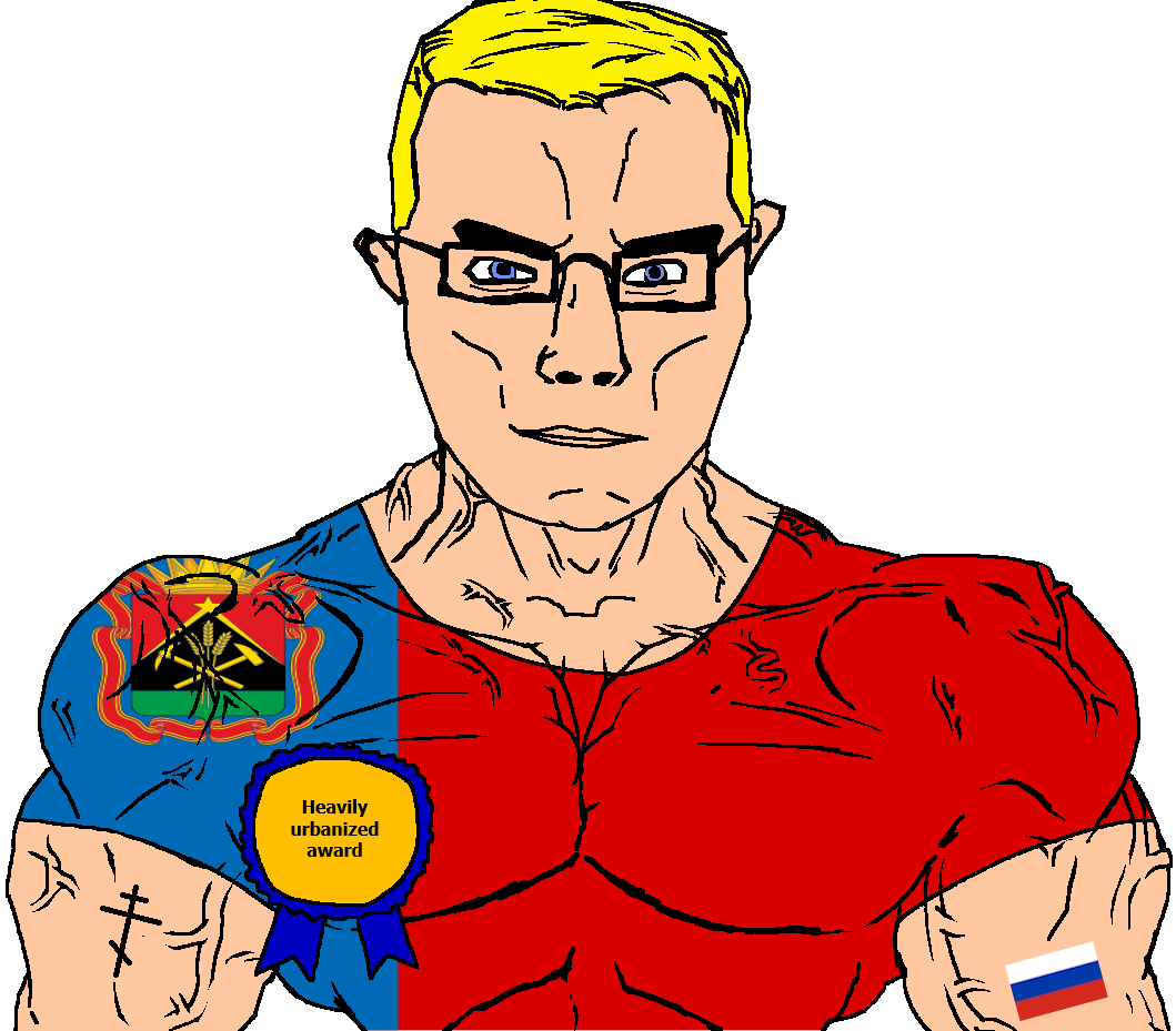 chudjak, chudjak front, muscular chud, arm, award, blonde hair, blue eyes, buff, christianity, city