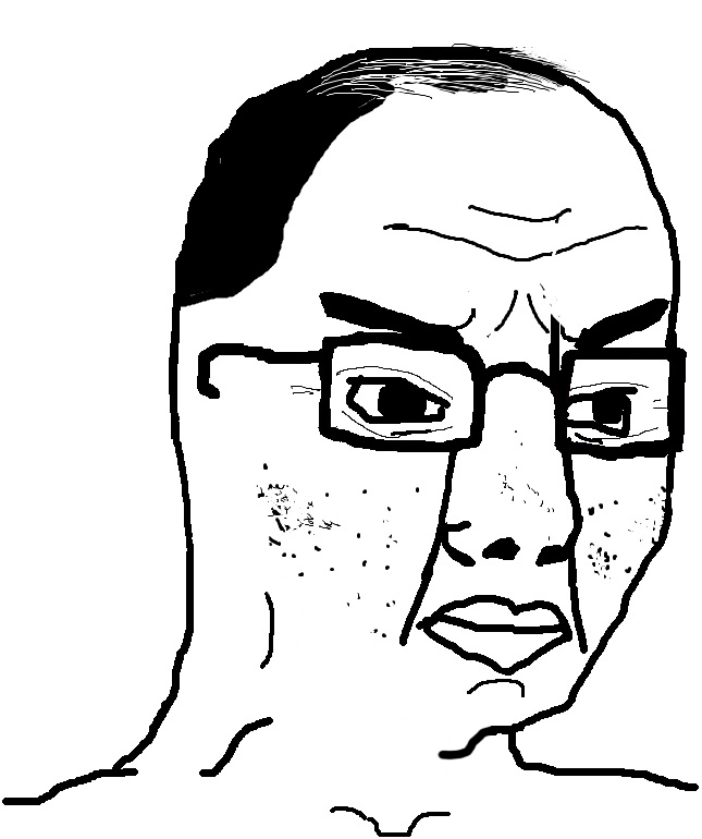chudjak, 1soyjak, aged, angry, balding, black eyes, closed mouth, glasses, looking to the right, monochrome