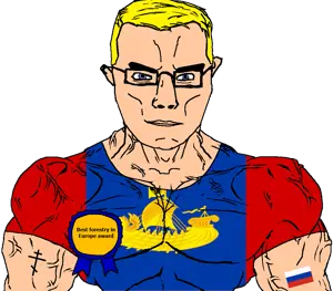 chudjak, chudjak front, muscular chud, arm, award, blonde hair, blue eyes, buff, christianity, closed mouth