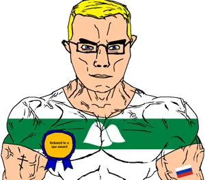 chudjak, chudjak front, muscular chud, arm, award, blonde hair, blue eyes, buff, christianity, closed mouth
