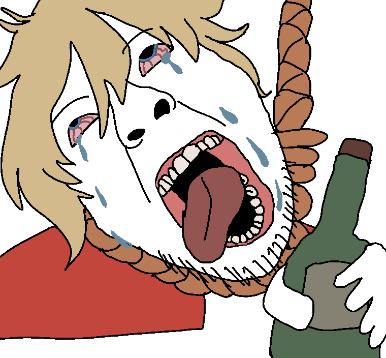 bernd, hanging troonjak, troonjak, 1soyjak, ack, blonde hair, bloodshot eyes, blue eyes, bottle, brown hair