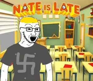 nate higgers, soyak, natejak, arm, blonde hair, clothes, drawn background, glasses, hair, nate is late