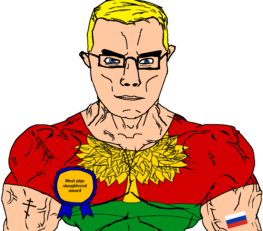 chudjak, chudjak front, muscular chud, animal, arm, award, blonde hair, blue eyes, buff, christianity