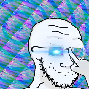 soyak, blue, closed mouth, glasses, glitch, glowing, glowing eyes, glowing glasses, hands, smile
