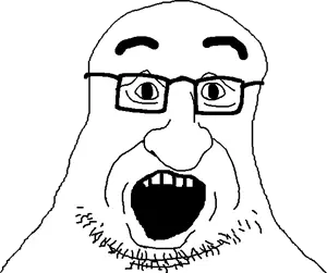 pissluffare, bald, bushy eyebrows, glasses, looking down, monochrome, open mouth, soyjak, stubble, transparent background