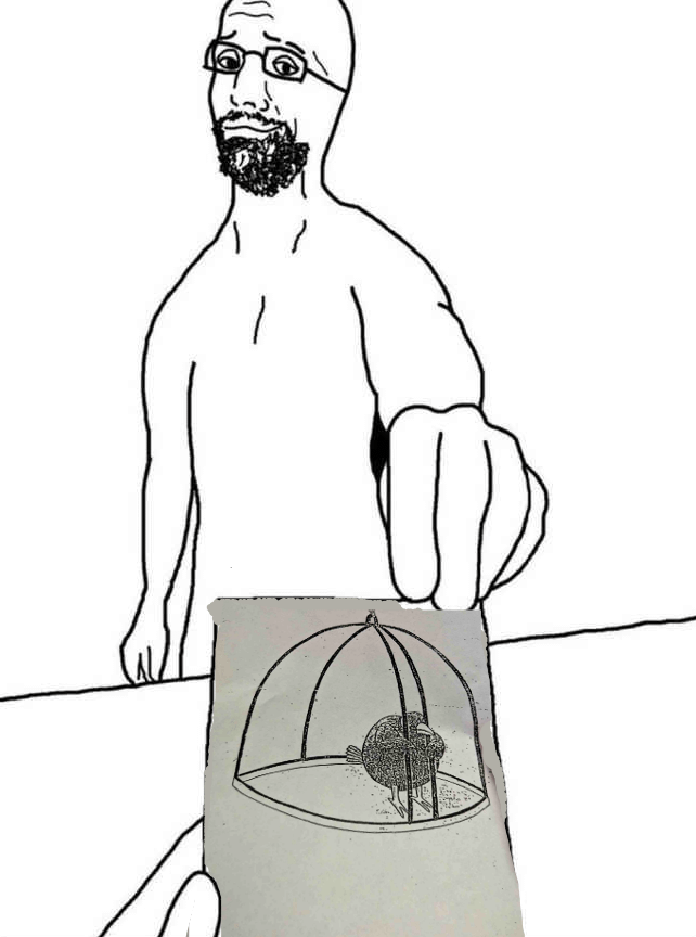 bartender, 1soyjak, animal, arm, bald, beak, beard, bird, black eyes, cage