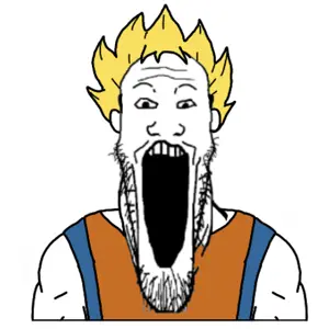 goku, markiplier soyjak, anime, blonde hair, buff, clothes, ear, hair, open mouth, soyjak