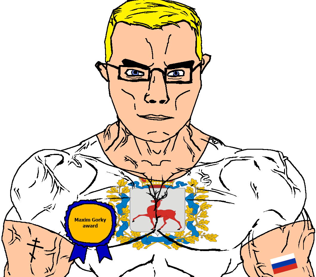 chudjak, chudjak front, muscular chud, animal, arm, award, blonde hair, blue eyes, buff, christianity