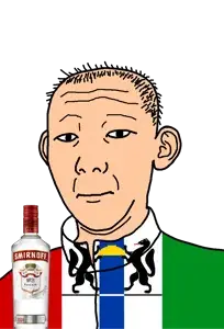 kuzjak, 1864, alcohol, bottle, closed mouth, clothes, drink, ear, flag, full body