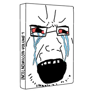 soyak, bloodshot eyes, book, crying, glasses, incel, necronomicon, open mouth, redraw, soyjak