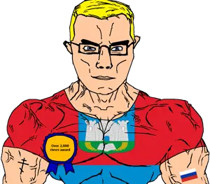 chudjak, chudjak front, muscular chud, animal, arm, award, bird, blonde hair, blue eyes, book