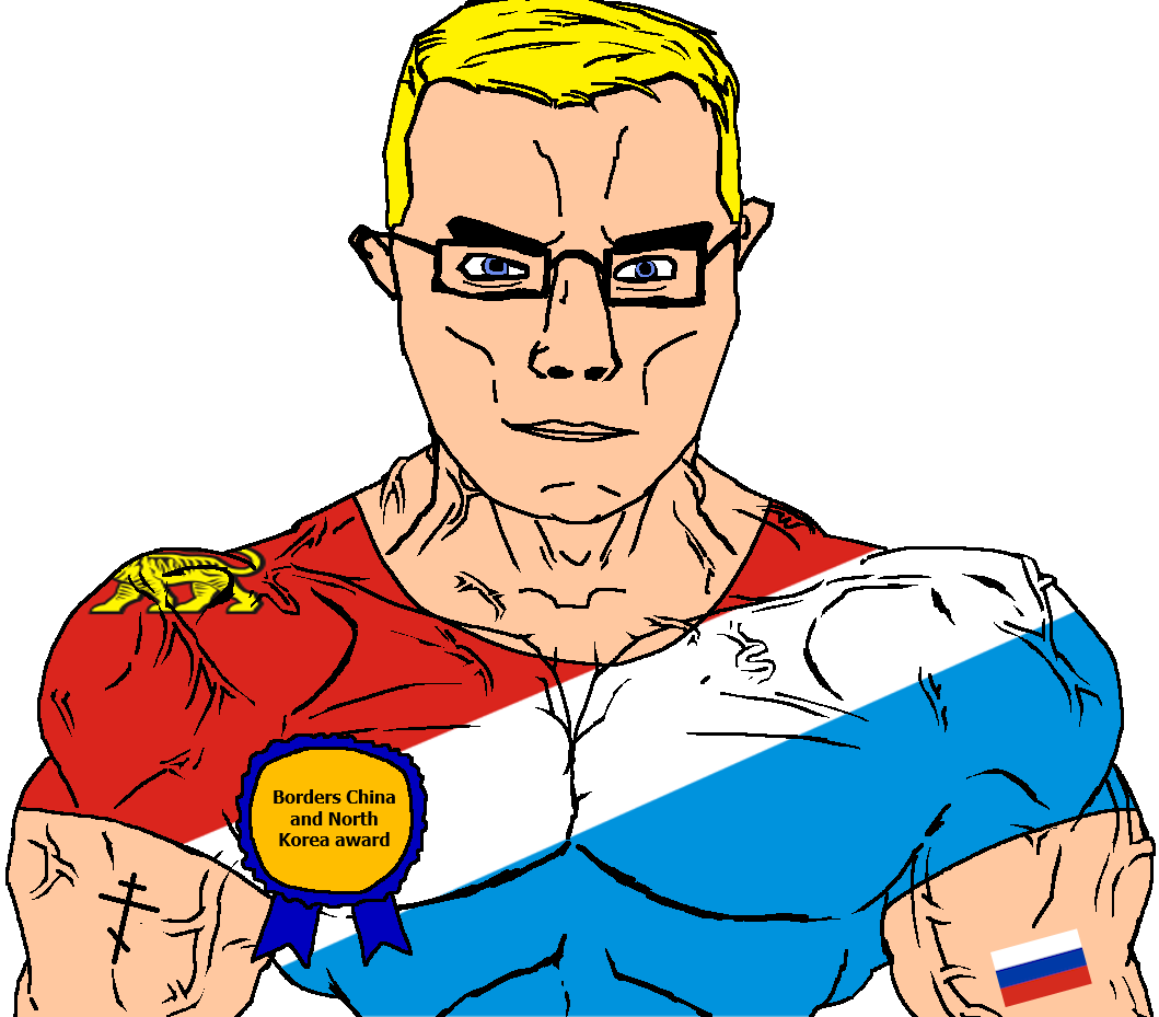 chudjak, chudjak front, muscular chud, arm, award, blonde hair, blue eyes, buff, china, christianity