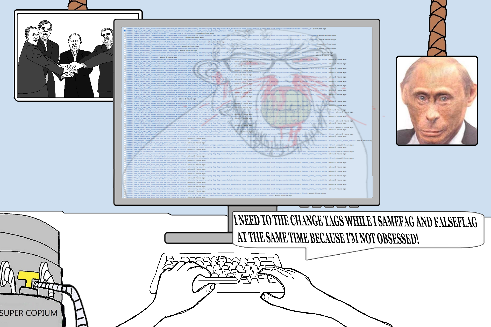 feraljak, feralrage, aids, angry, arm, clenched teeth, clothes, computer, copium, country