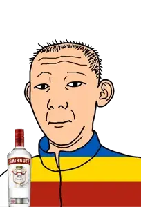 kuzjak, 1864, alcohol, bottle, closed mouth, clothes, drink, ear, flag, hair