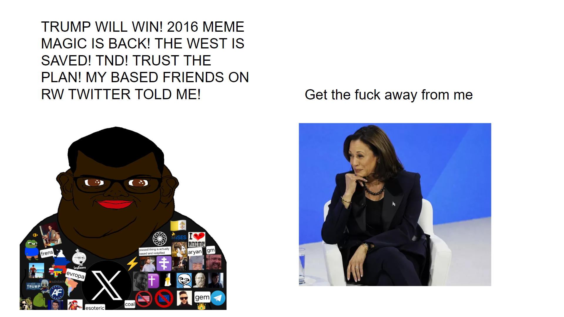 apu, cirno, donald trump, gigachad, groyper, pepe, brandon, tacoblimp, soyak, branoon