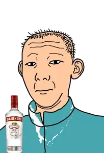 kuzjak, 1864, alcohol, bottle, closed mouth, clothes, drink, ear, flag, hair