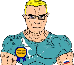 chudjak, chudjak front, muscular chud, arm, award, blonde hair, blue eyes, buff, christianity, closed mouth