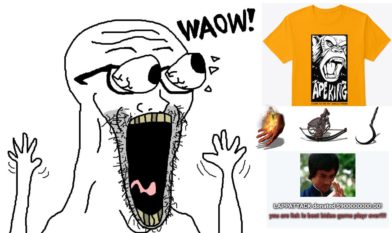 excited soyjak, soyak, waow, wewjak, arm, clothes, dark souls, eyes popping, glasses, hands