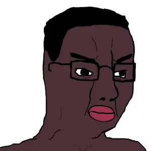 chudjak, big lips, black skin, bushy eyebrows, chud, closed mouth, eyebrows, glasses, hair, lips