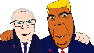 donald trump, cobson, feraljak, no more brother wars, 2soyjaks, blonde hair, blue eyes, bowtie, clothes, democrat
