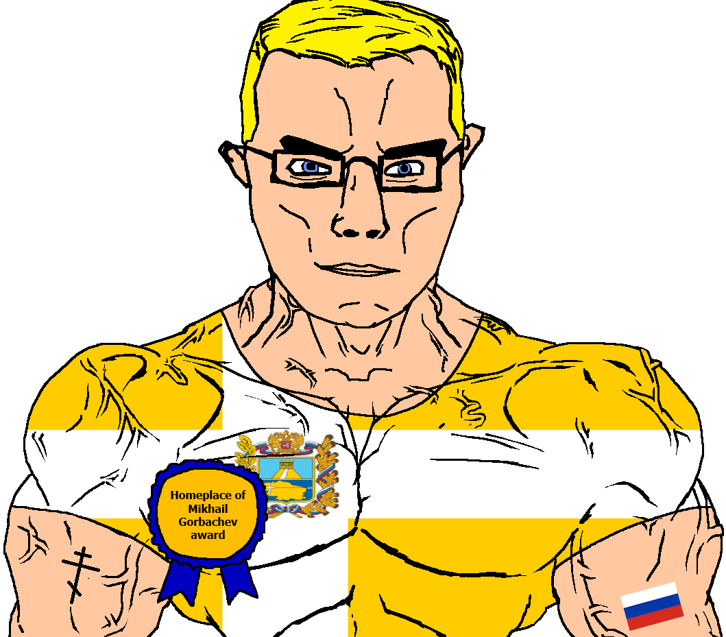 chudjak, chudjak front, muscular chud, animal, arm, award, blonde hair, blue eyes, buff, christianity