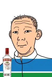 kuzjak, 1864, alcohol, bottle, closed mouth, clothes, drink, ear, flag, hair
