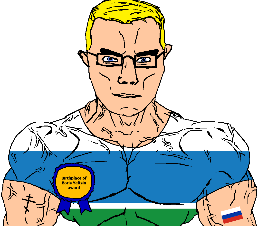 chudjak, chudjak front, muscular chud, arm, award, blonde hair, blue eyes, boris yeltsin, buff, christianity