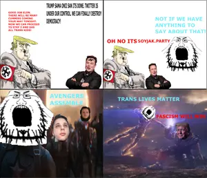 donald trump, soyak, adolf hitler, avengers, beard, comic, distorted, elon musk, glasses, mirrored