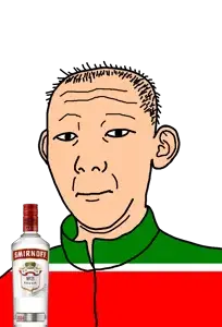 kuzjak, 1864, alcohol, bottle, closed mouth, clothes, drink, ear, flag, hair