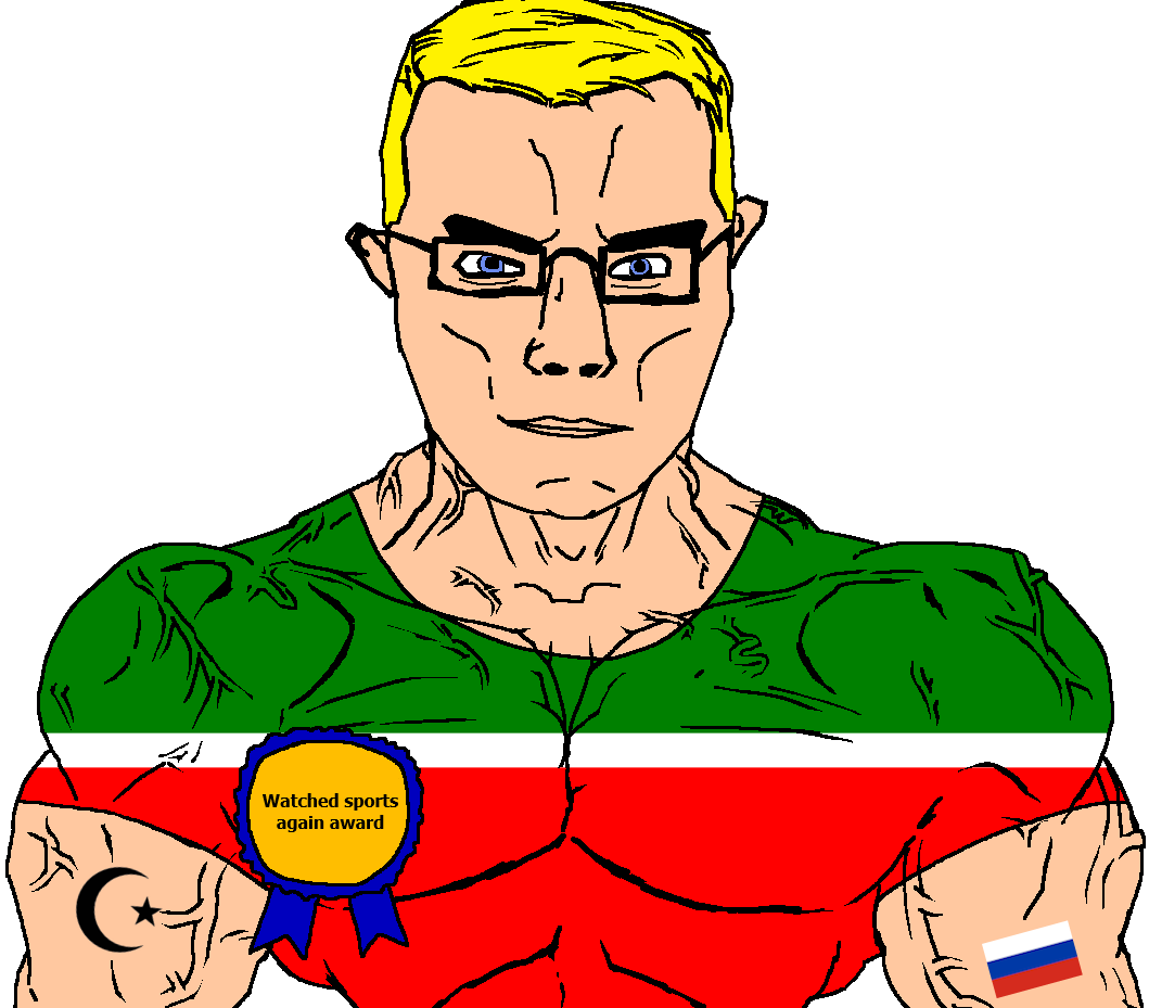 chudjak, chudjak front, muscular chud, arm, award, blonde hair, blue eyes, buff, closed mouth, clothes