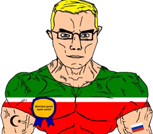 chudjak, chudjak front, muscular chud, arm, award, blonde hair, blue eyes, buff, closed mouth, clothes