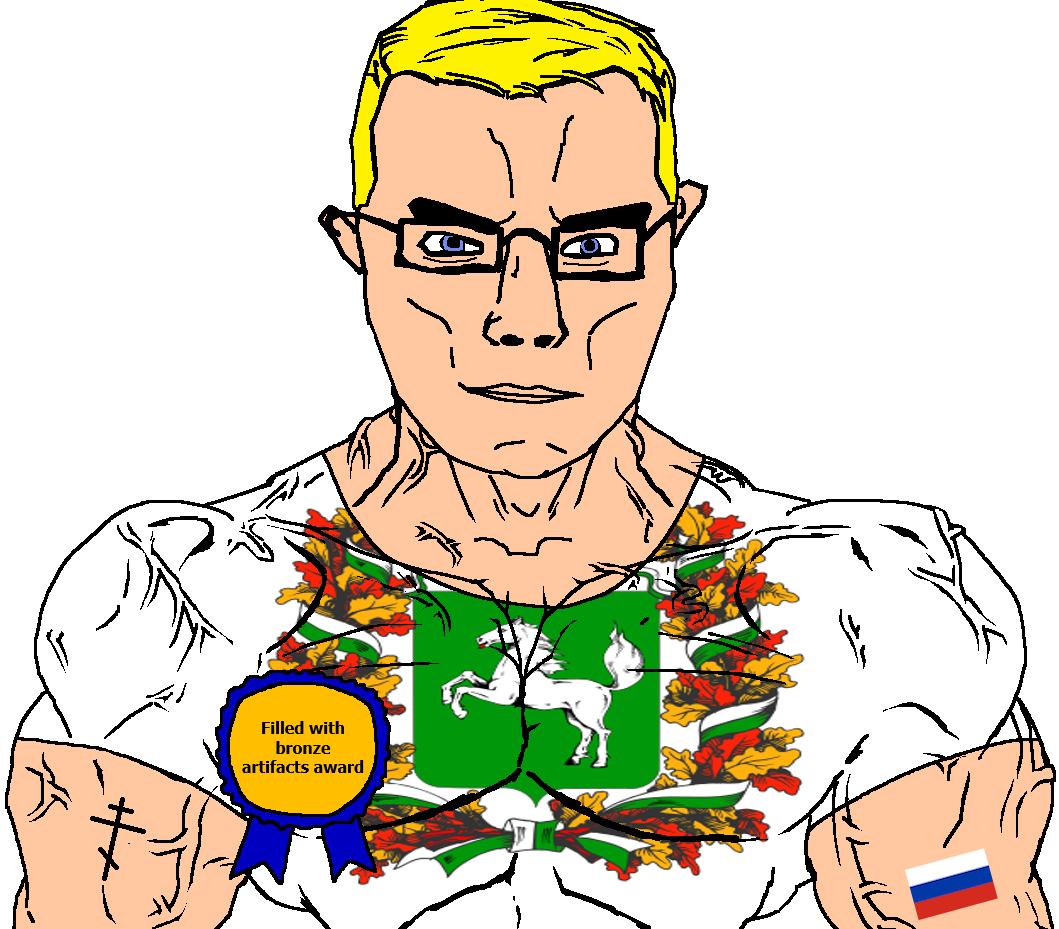 chudjak, chudjak front, muscular chud, animal, arm, artifact, award, blonde hair, blue eyes, bronze