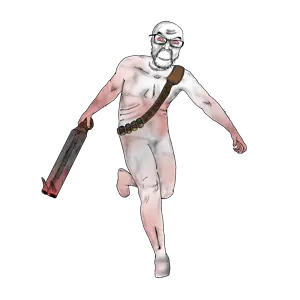 sisa9000, feraljak, bandolier, blood, bloodshot eyes, full body, glasses, gun, holding object, holding shotgun