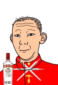 kuzjak, 1864, alcohol, bottle, closed mouth, clothes, drink, ear, flag, hair
