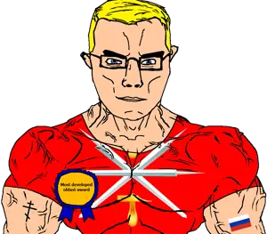 chudjak, chudjak front, muscular chud, arm, award, blonde hair, blue eyes, buff, christianity, closed mouth