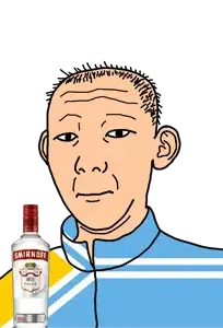 kuzjak, 1864, alcohol, bottle, closed mouth, clothes, drink, ear, flag, hair