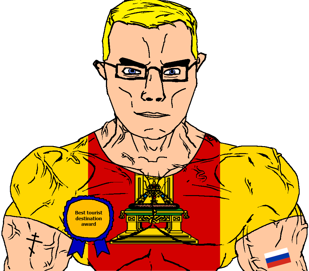 chudjak, chudjak front, muscular chud, arm, award, blonde hair, blue eyes, buff, christianity, closed mouth