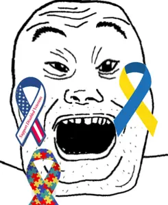 alicia, autism speaks, downs syndrome, open mouth, ribbon, soyjak, stubble, teeth, ukraine, unites states