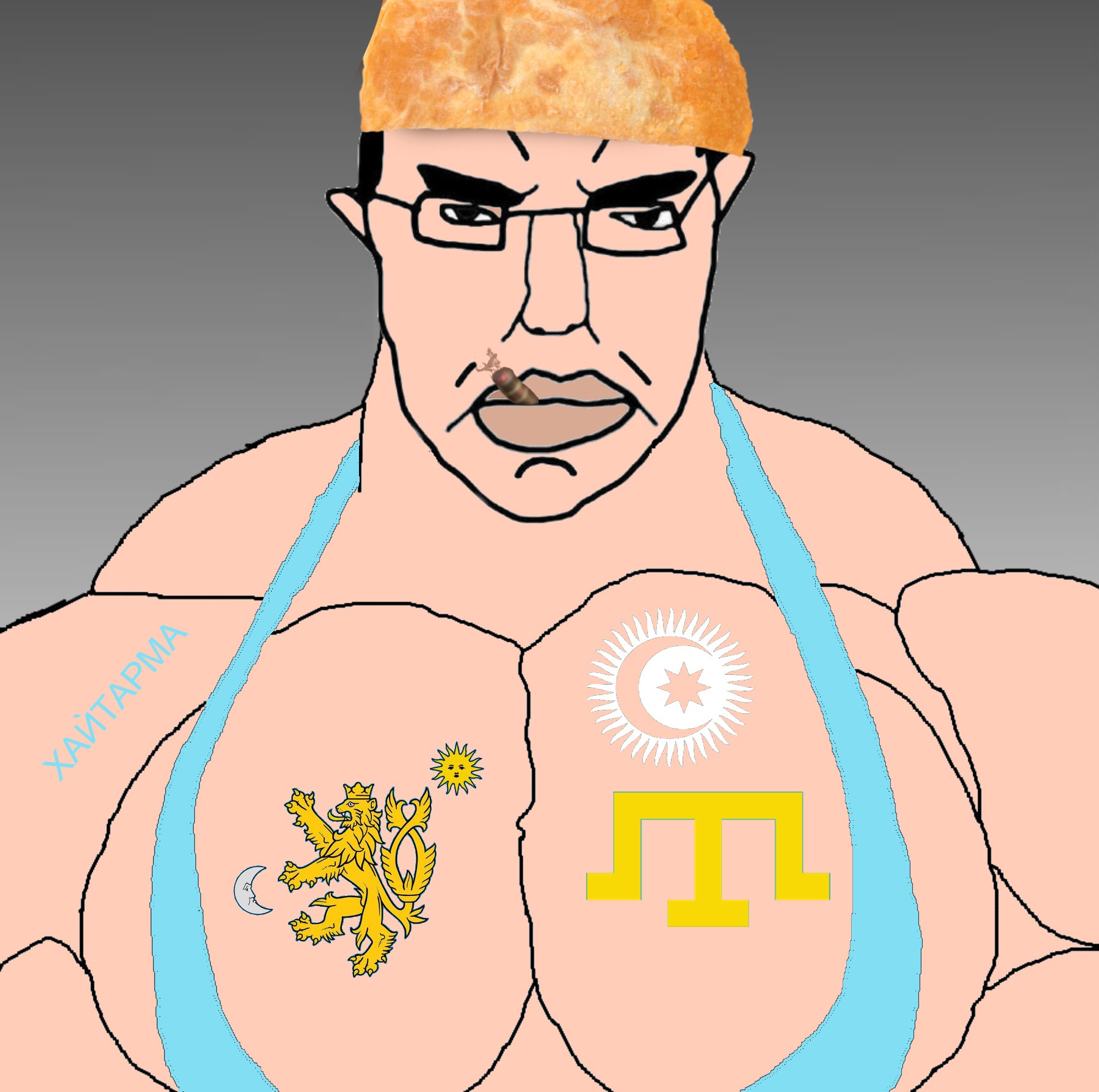 soldier (team fortress 2), chudjak, background, black eyes, buff, chebureki, chud, cigarette, crimea, crimean tatar