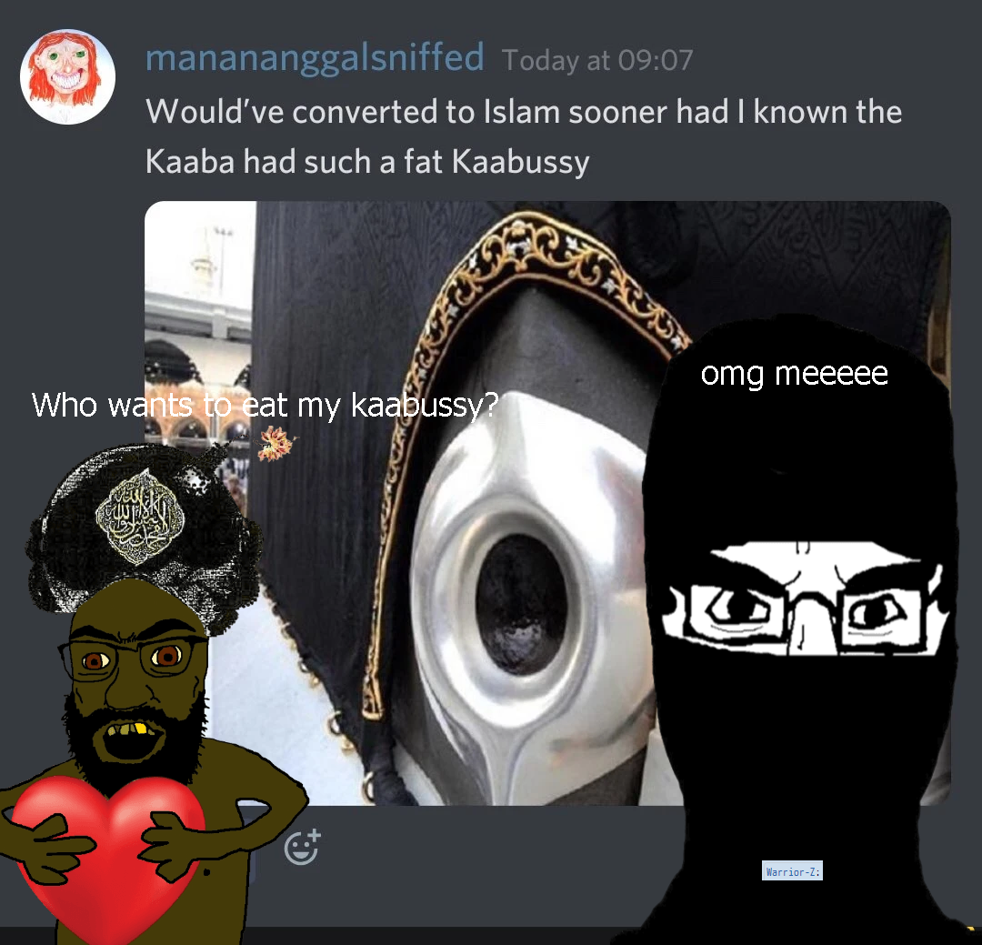 chudjak, feraljak, chudjak front, tetojak, 2soyjaks, arm, beard, brown eyes, burqa, discord