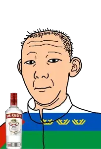 kuzjak, 1864, alcohol, bottle, closed mouth, clothes, drink, ear, flag, hair