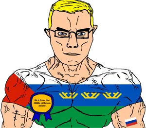 chudjak, chudjak front, muscular chud, 2000s, arm, award, blonde hair, blue eyes, buff, christianity